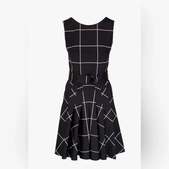 Akris Punto Size 12 Sleeveless Black & Cream Windowpane Belted Cotton Dress NEW! - Picture 3 of 10